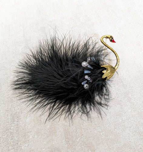Fluffy Black Swan Pin Brooch