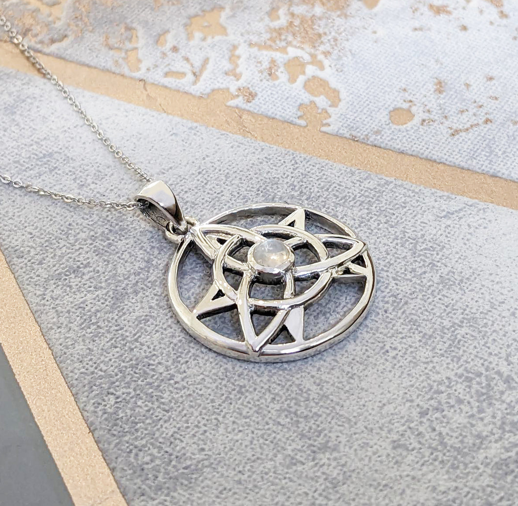 Sterling Silver Rainbow Moonstone Celtic Druid Triquetra Pendant Necklace