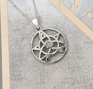 Sterling Silver Rainbow Moonstone Celtic Druid Triquetra Pendant Necklace