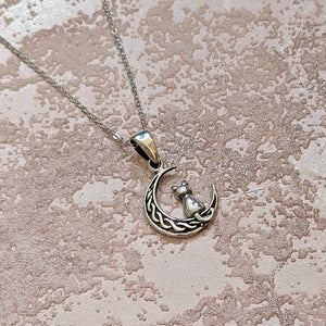 Solid 925 Sterling Silver Cat on the Moon Celtic Knot Pendant Necklace