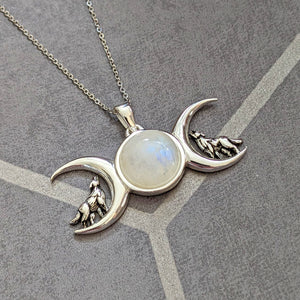 Solid 925 Sterling Silver Moonstone Triple Moon Howling Wolves Pendant Necklace