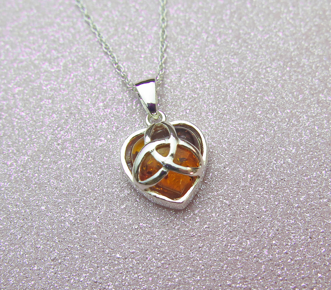 Sterling Silver Genuine Cognac Amber Celtic Triquetra Love Knot Heart Pendant