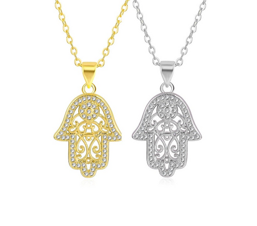 Silver and Gold Plated Crystal Hamsa Hand of God Pendant Necklace