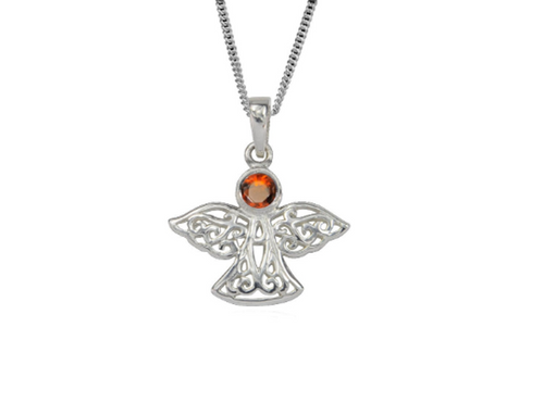 Sterling Silver Celtic Lucky January Angel Birthstone Pendant Necklace