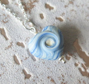 Frosted Blue Glass Lampwork Beach Wave Swirl Heart Pendant Necklace