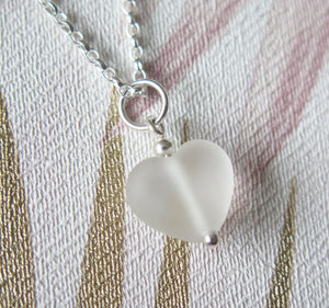Frosted Clear Lampwork Heart Pendant Necklace