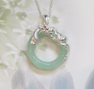 Sterling Silver Jade Chinese Dragon Pendant Necklace