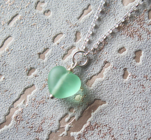 Frosted Green Lampwork Heart Pendant Necklace