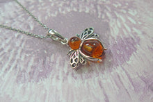 Load image into Gallery viewer, Solid 925 Sterling Silver Real Genuine Cognac Amber Lucky Bee Pendant Necklace