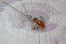 Load image into Gallery viewer, Solid 925 Sterling Silver Real Genuine Cognac Amber Lucky Bee Pendant Necklace