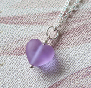Frosted Purple Glass Lampwork Heart Pendant Necklace