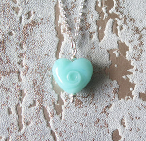 Turquoise Blue Glass Lampwork Beach Wave Swirl Heart Pendant Necklace