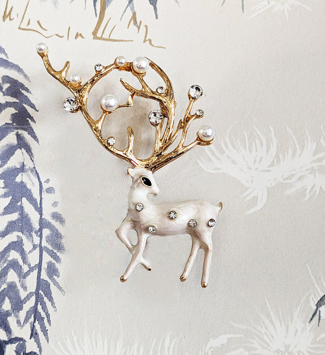 Crystal & Pearl White Reindeer Christmas Brooch