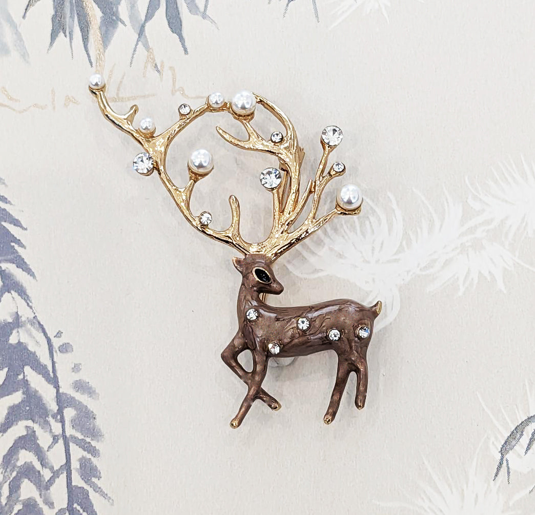 Crystal & Pearl Reindeer Christmas Brooch