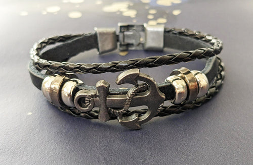Boat Anchor Sailor Black Leather Bracelet
