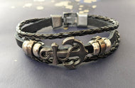 Boat Anchor Sailor Black Leather Bracelet