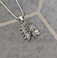 American Indian Skull Mens Pendant Necklace