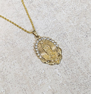 Gold Plated Virgin Mary Religious Christian Catholic Oval Pendant Necklace