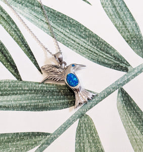 Blue Opal Hummingbird Sterling Silver Pendant Necklace