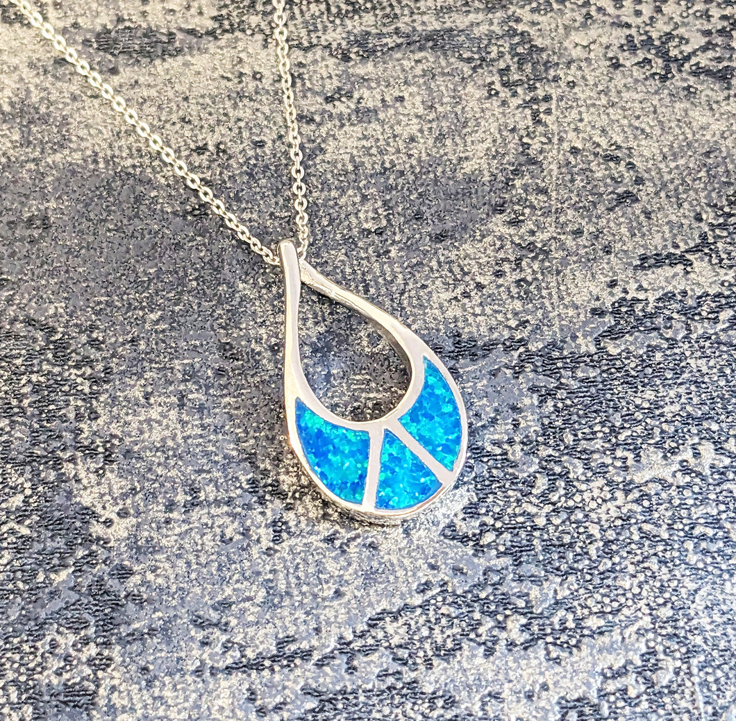 Blue Opal Art Deco Teardrop Sterling Silver Pendant Necklace