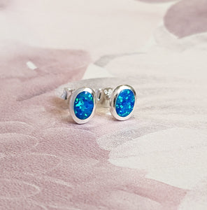 Blue Opal Oval Sterling Silver Stud Earrings Studs