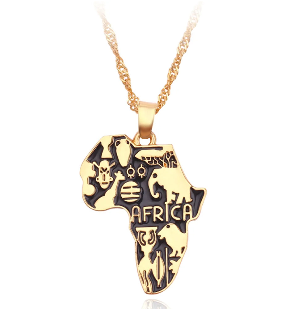 Gold African Wildlife Ethnic Pendant Necklace