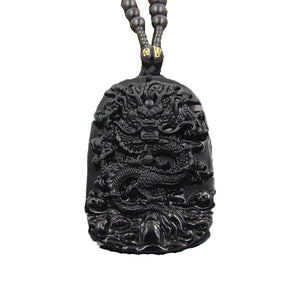 Black Obsidian Chinese Dragon Pendant Necklace