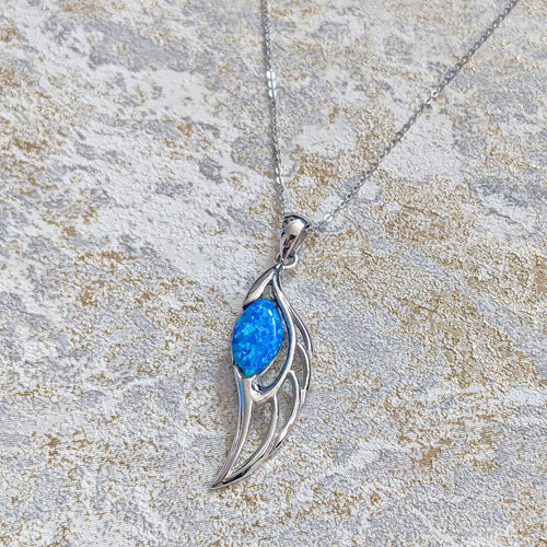 Blue Opal Guardian Angel Wing Sterling Silver Pendant Necklace