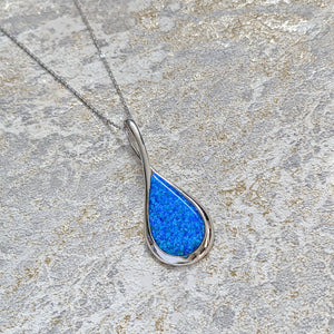 Blue Opal Elegant Teardrop Sterling Silver Pendant Necklace
