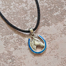 Load image into Gallery viewer, Blue Horseshoe Horse Sterling Silver Pendant Necklace