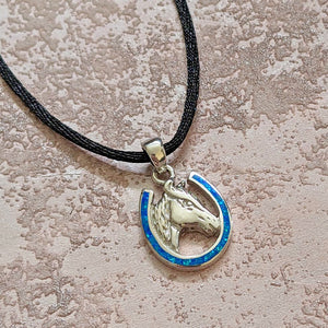 Blue Horseshoe Horse Sterling Silver Pendant Necklace
