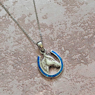 Blue Horseshoe Horse Sterling Silver Pendant Necklace