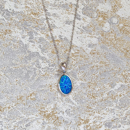 Blue Opal Oval Sterling Silver Pendant Necklace