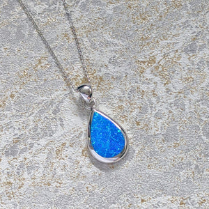 Blue Opal Teardrop Sterling Silver Pendant Necklace