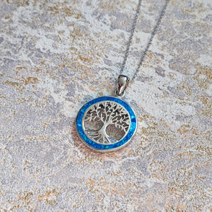 Blue Opal Celtic Tree of Life Sterling Silver Pendant Necklace