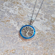 Blue Opal Celtic Tree of Life Sterling Silver Pendant Necklace