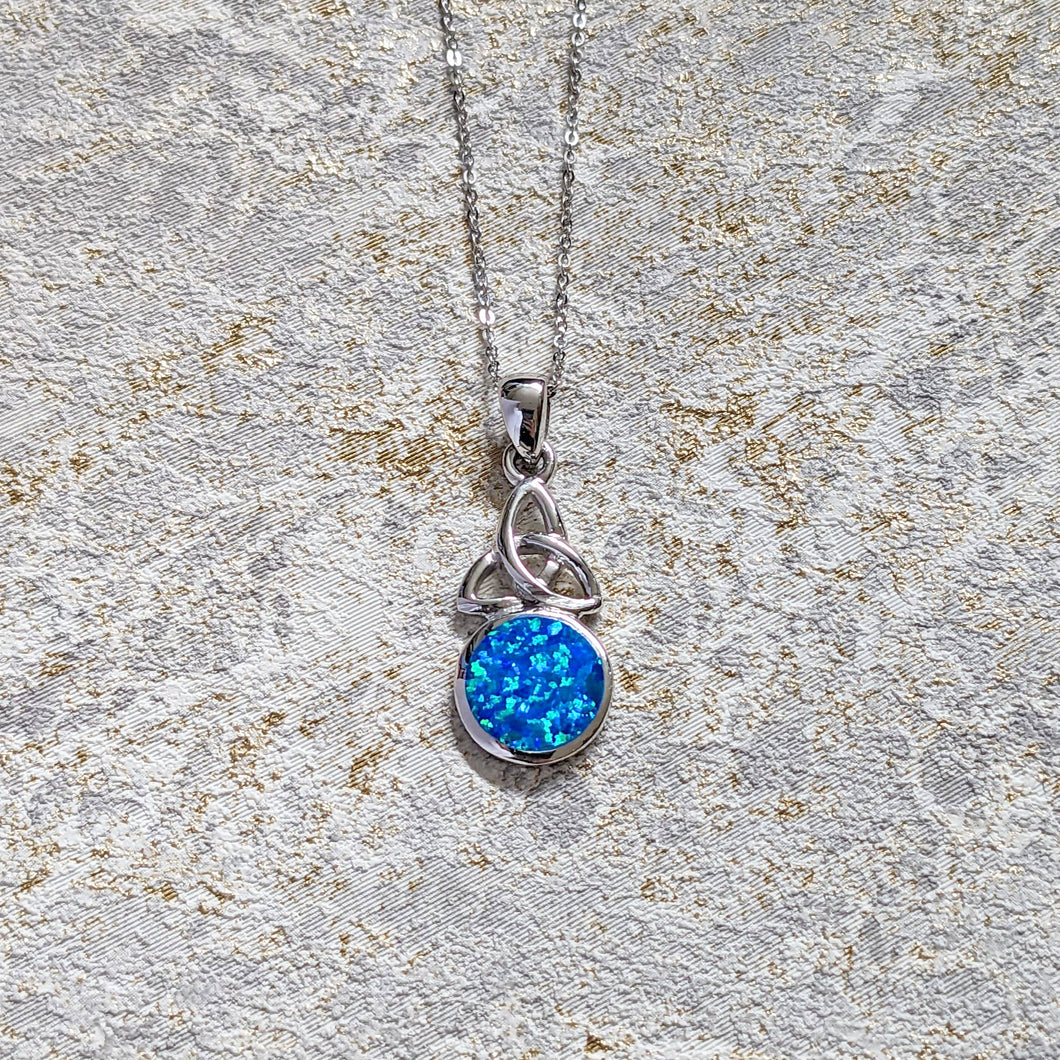 Blue Opal Celtic Triquetra Knot Sterling Silver Pendant Necklace
