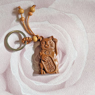 Lucky Maneki Neko Cat Peach Wood Keyring Keychain