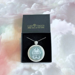 Certified Jade and Sterling Silver Crystal Chinese Dragon Pendant Necklace
