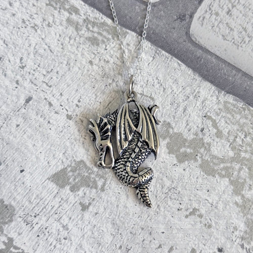 Solid 925 Sterling Silver Mythical Dragon Pendant Necklace