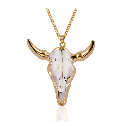 White & Gold Bull Skull Pendant Necklace