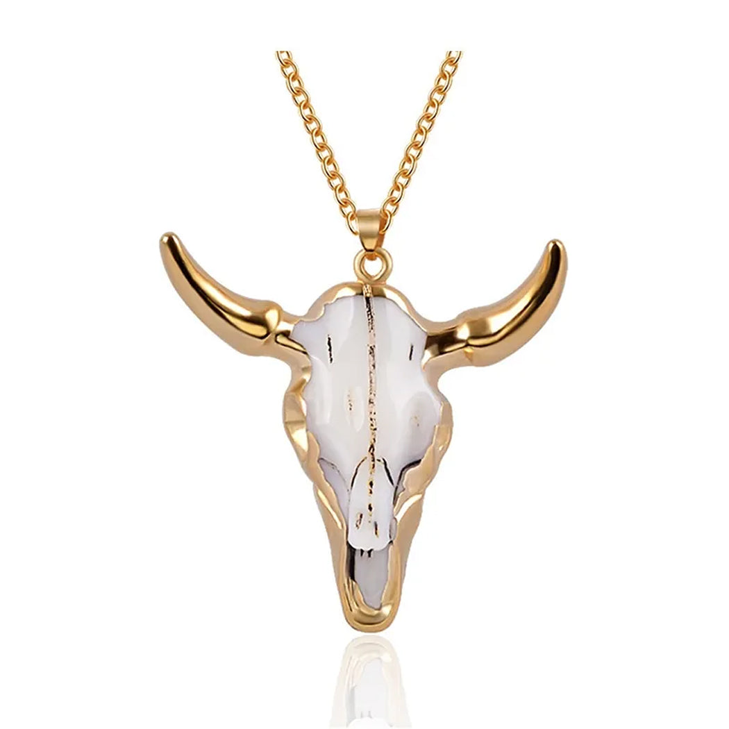 White & Gold Bull Skull Pendant Necklace