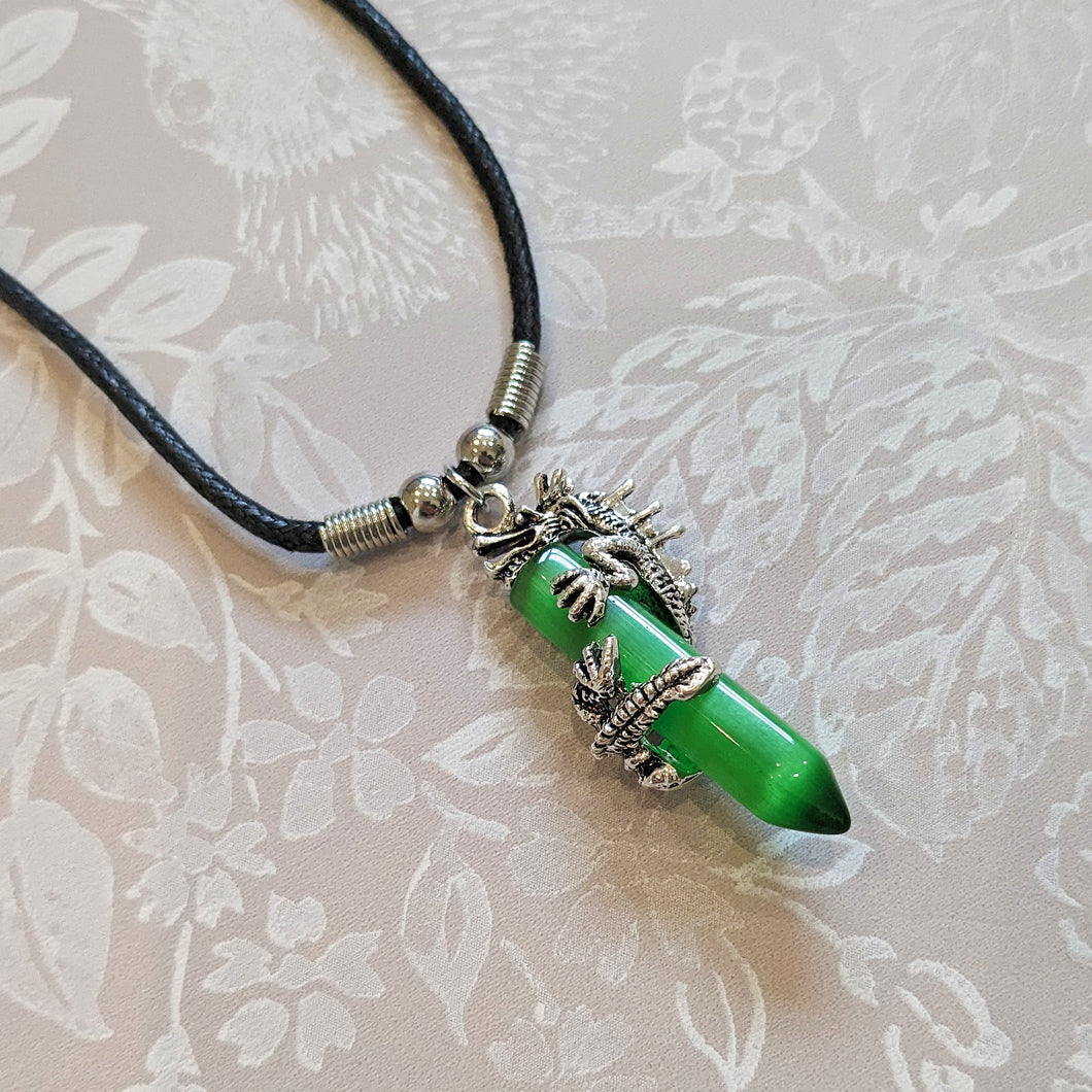 Mythical Chinese Dragon Emerald Green Cats Eye Pendant Necklace