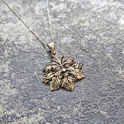 Solid 925 Sterling Silver Green Man Pendant Necklace