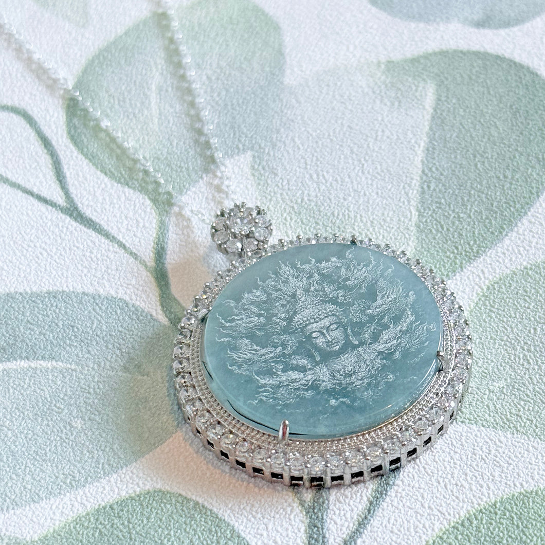 Certified Jade and Sterling Silver Crystal Guanyin Buddha Pendant Necklace