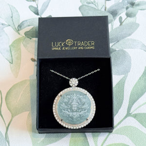 Certified Jade and Sterling Silver Crystal Guanyin Buddha Pendant Necklace