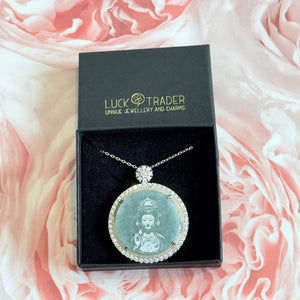 Certified Jade and Sterling Silver Crystal Goddess of Mercy Pendant Necklace