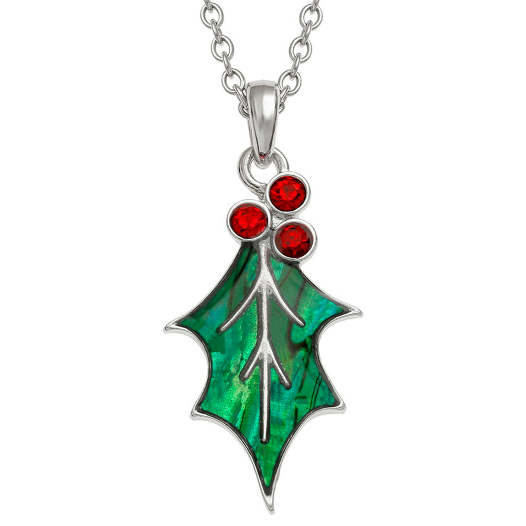 Lucky Paua Shell Christmas Holly Necklace Pendant