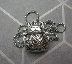 Large Titanium Maneki Neko Lucky Cat Pendant Necklace