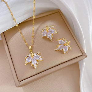 Crystal Canadian Maple Leaf Gold Pendant Jewellery Set